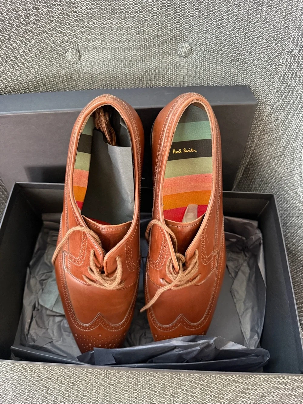 Paul Smith Tan Leather Brogue Oxfords with Signature Stripe Insole